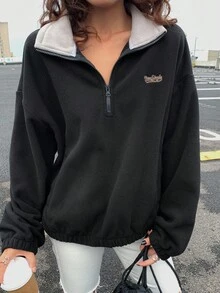 Livesso Áo nỉ chui đầu dáng rộng thoải mái cho nữ có màu tương phản, lót giữ nhiệt, thêu chữ và họa tiết hoạt hình, cổ đứng, khóa kéo nửa phía trước, thích hợp mặc vào mùa thu đông, lót giữ nhiệt - màu đen - Xem 6