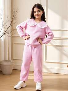 女童彼得潘领荷叶边长袖运动衫和松紧腰裤休闲校园淑女装 - 粉色 - 查看 5