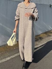 FRIFUL Women's Casual Loose Fit High Neck Button Decor Drop Shoulder Lantern Sleeve Straight Knit Sweater Dress, Versatile For Autumn Prom Dress - Khaki - View 2