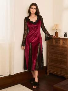 优雅高开衩撞色蕾丝迷人天鹅绒酒红色吊带裙 - 酒紅色 - 查看 7