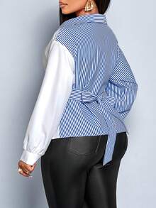 SOLERSUN 女士加大码条纹印花纽扣长袖衬衫，撞色不对称下摆裹身式上衣，秋季，长袖，冬季，优雅，日常通勤，外出，休闲，长袖上衣 - 寶藍色 - 查看 2