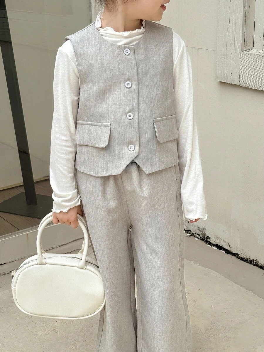 SHEIN 年轻女孩休闲圆领前扣背心和宽松直筒裤套装 - 灰色 - 查看 1