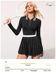 Easithlete 撞色领褶下摆运动连衣裙 - 黑色 - 查看 4