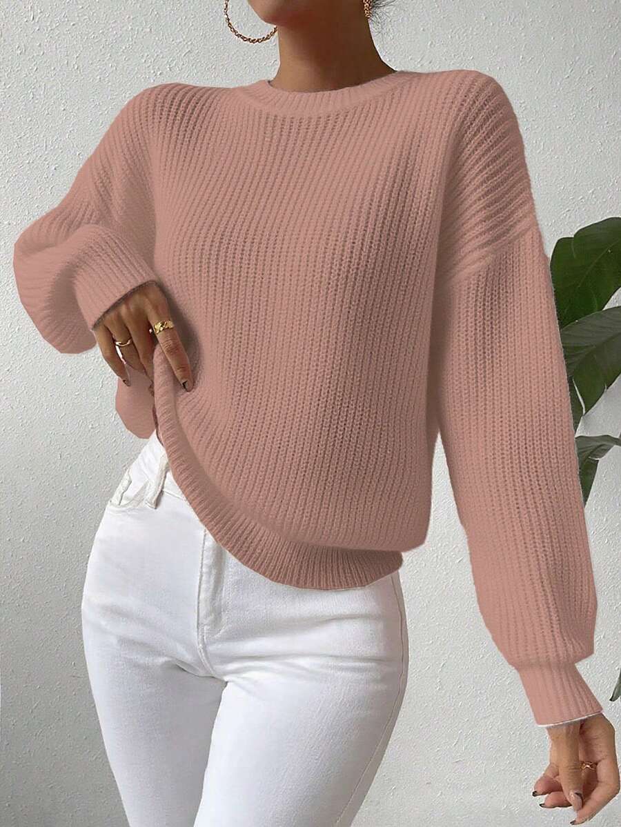 EMERY ROSE Women's Casual Everyday Commute Simple Solid Color Drop Shoulder Loose Knit Sweater, Autumn/Winter - Coral Pink - View 1