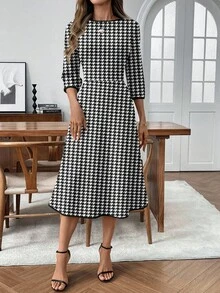 EMERY ROSE فستان كاجوال متوسط الطول للنساء بطبعة هندسية، مناسب للخريف/الشتاء، فستان مربعات للنساء، فستان عمل، فستان هندسي، فستان كاجوال للعمل، فستان متوسط الطول للنساء، فستان كاجوال للعمل