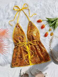 Soleia Women's Y2K Sequin Waist Tie Open Slit Sexy Fashion Halter Neck Camisole - Orange - View 5