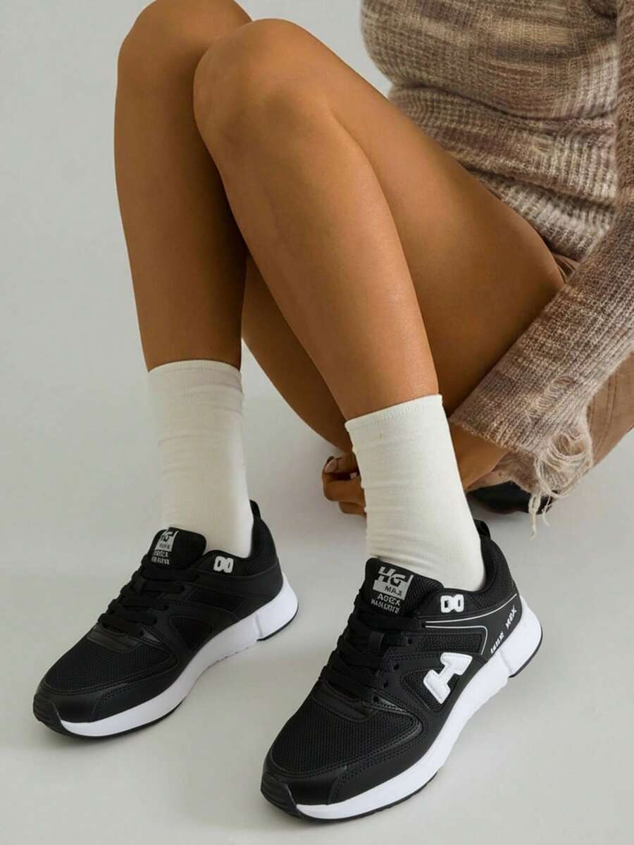 Tenis de mujer ligero malla transpirable punta redonda cordones suela gruesa estilo deportivo entrenamiento diario - Negro - Ver 1