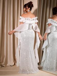 Cravure Đầm dạ hội dự tiệc viền bèo nhún thanh lịch cỡ lớn dành cho nữ - Bạc - Xem 4