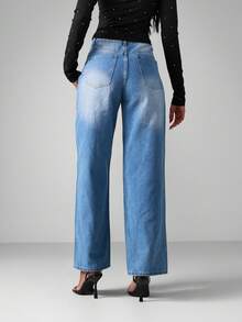 MISSGUIDED 阔腿高腰牛仔裤，珍珠铆钉细节，九分及踝长，节日街头服饰 - 藍色 - 查看 2