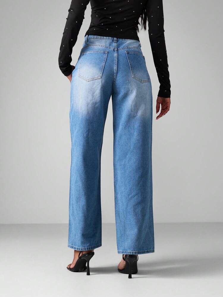 MISSGUIDED Wide Leg High Rise Denim Jeans With Pearl Stud Details Cropped Ankle Length Festival Streetwear