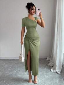 Elenzga 女式优雅不对称金属装饰褶皱斜肩收腰紧身扭纹下摆棕色长裙 - 綠色 - 查看 5