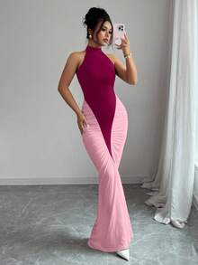 Elenzga 女式黑白拼色露背收腰鱼尾下摆优雅连衣裙，适合通勤和日常穿着 - 彩色 - 查看 4