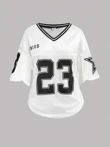 SHEIN Girlism Tween 女童休闲街头时尚宽松篮球运动衫印花上衣和阔腿裤套装 - 黑色 - 查看 3