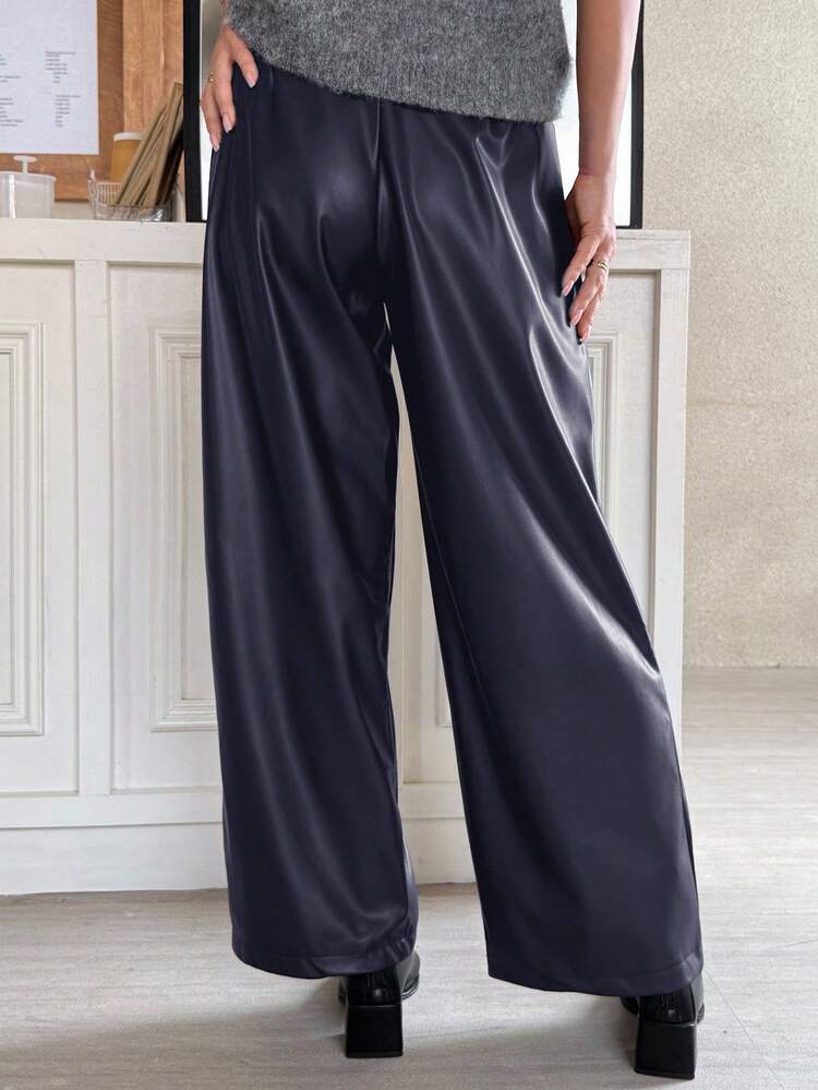 Women's Casual Solid Color PU Leather Wide Leg Pants, Autumn