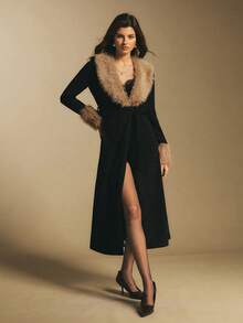 Poéselle Black Belted Faux-Fur Collar Maxi Coat – Longline Wrap Trench With Plush Cuffs & Subtle Sparkle,Longline Maxi Trench,Holiday Party Outerwear,Glamorous Winter Coat,Faux Fur Trim Jacket,Black Evening Coat,Statement Collar Coat,Women's Fashionable Fuzzy Patchwork Jacket, Autumn/Winter,Winter Clothes For Women - Black - View 7