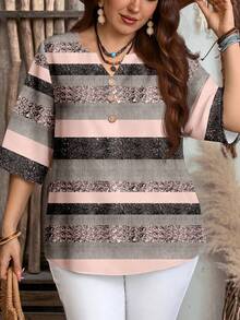 EMERY ROSE Plus Size Women's Casual Boho Pink And Grey Striped Print Shirt,Elegant Summer Vacation Quarter Sleeve Tops,Minimalist Shiny Black & Pink Tops,Flower - Multicolor - View 6