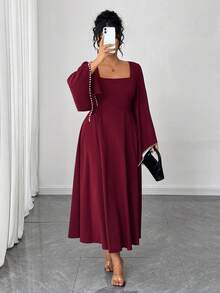 Elenzga Christmas Elegant Vintage French Style Square Collar Asymmetrical Flare Sleeve Pearl Color Block Dress, Fashionable For Autumn/Winter - Red - View 5