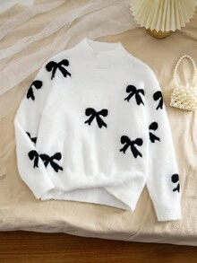 SHEIN Áo len chui đầu dệt kim cổ phễu cổ tròn tay dài họa tiết nơ cho bé gái tuổi mới lớn - trắng - Xem 4