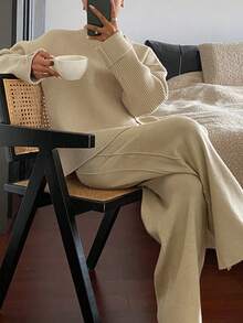 DAZY 2 件套女士纯色圆领开衩毛衣和阔腿裤针织套装，秋季服装 - 杏色 - 查看 1