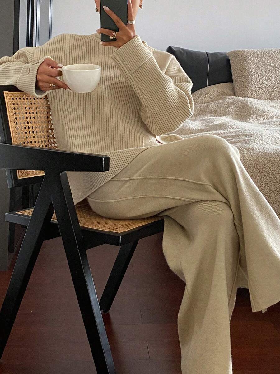 DAZY 2 件套女士纯色圆领开衩毛衣和阔腿裤针织套装，秋季服装 - 杏色 - 查看 1