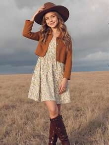 SHEIN Vintage Floral Adjustable Strap Dress + Solid Button Jacket Set, Casual Cute Resort Style, Elegant For Daily, Party, Gift Young Girls - Brown - View 3