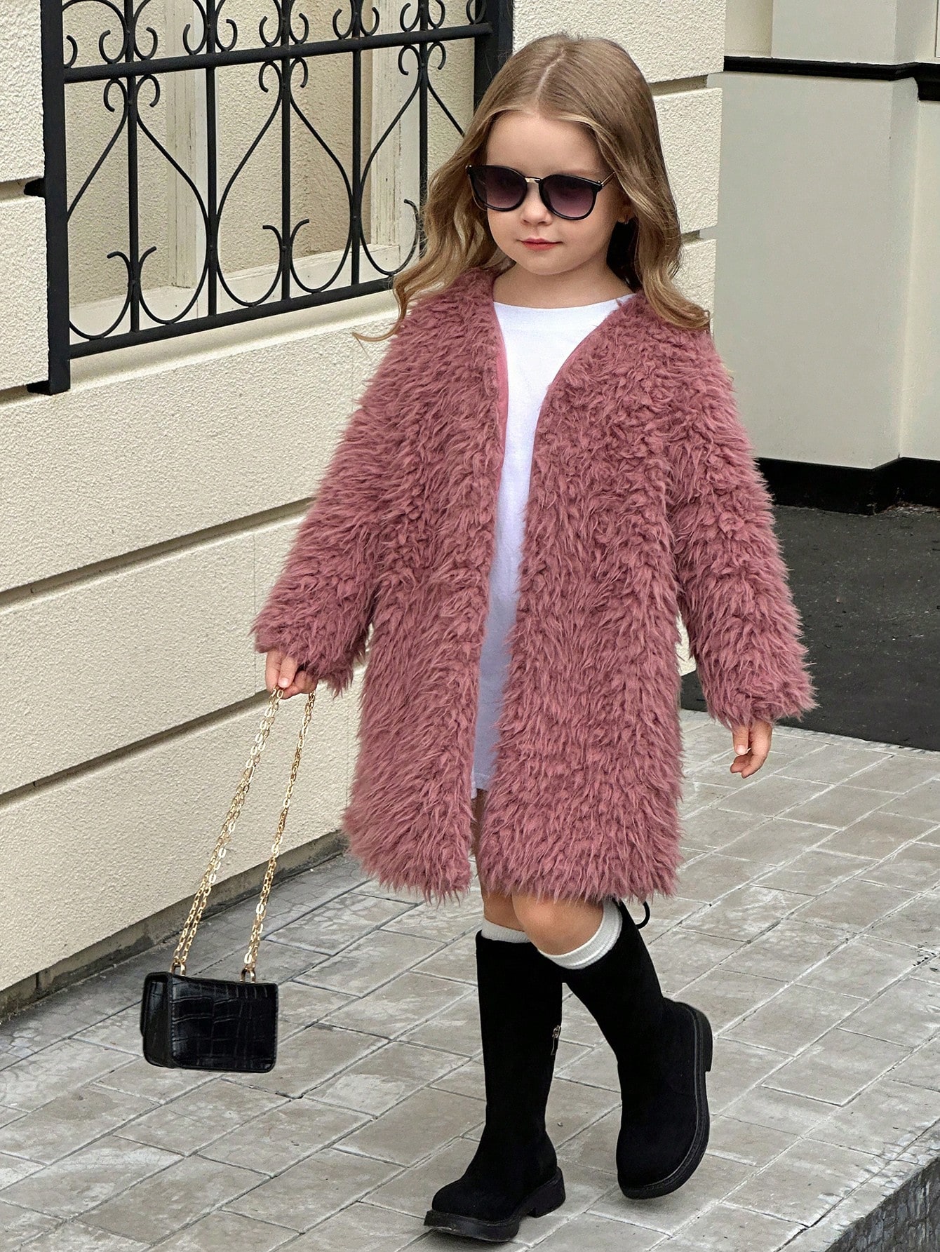 معطف أنيق من الفرو الاصطناعي بطول الركبة للفتيات ا...
