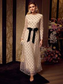 MOTF Soiréza 女式网眼亮片网眼覆盖蝴蝶结腰部正式鸡尾酒会礼服 - 香檳色 - 查看 2