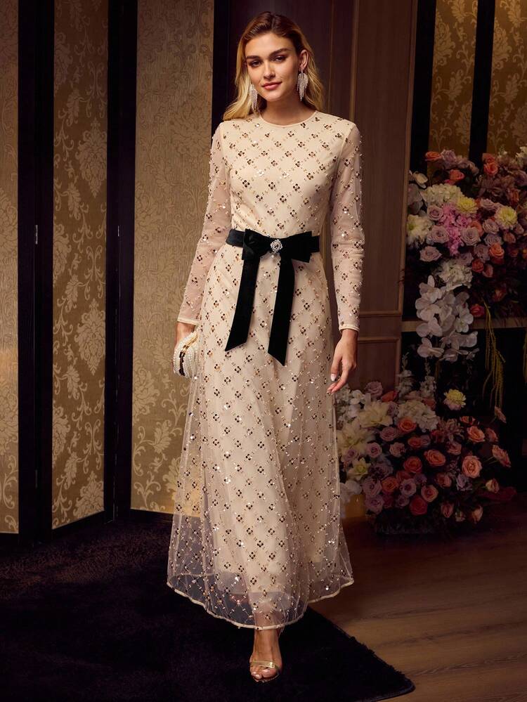 MOTF Soiréza WOMEN'S MESH SEQUINS MESH OVERLAY BOW WAIST FORMAL COCKTAIL DRESS