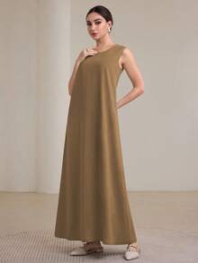 Graceveil Bộ 2 váy dài truyền thống dành cho nữ và áo khoác Abaya khiêm tốn - Màu Khaki - Xem 5