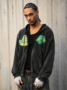 ROMWE MEN TEENAGE MUTANT NINJA TURTLES | ROMWE Men's Casual Turtle Print Washed Zip-Up Hooded Sweatshirt, Autumn - Black - View 8