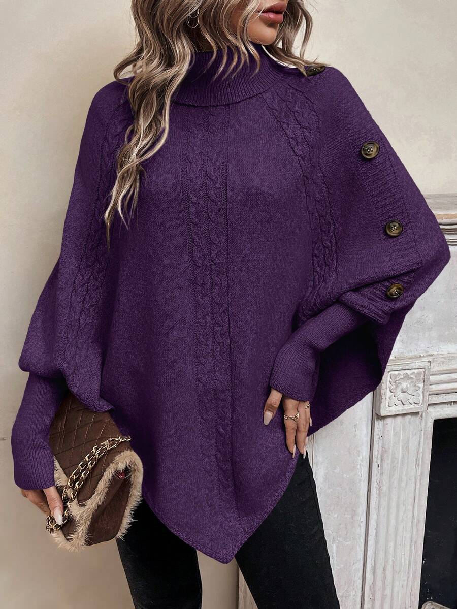 EMERY ROSE 女式休闲高领蝙蝠袖长袖纽扣设计毛衣，秋冬 - 紫色 - 查看 1