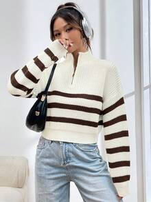 SHEIN Unity 宽松休闲女式条纹落肩长袖半开襟拉链毛衣，秋冬 - 彩色 - 查看 3