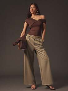 Hauture Formal Old Money Business Office Fall Suiting Solid Wide Leg Pants - Brown - View 1