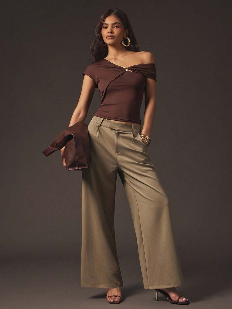 Hauture Formal Old Money Business Office Fall Suiting Solid Wide Leg Pants - Brown - View 1