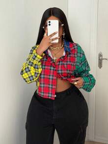 Maweii 大码女式拼色格子纽扣短袖衬衫，休闲街头服饰 - 彩色 - 查看 6