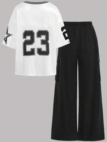 SHEIN Girlism Tween 女童休闲街头时尚宽松篮球运动衫印花上衣和阔腿裤套装 - 黑色 - 查看 2