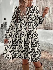 EMERY ROSE 休闲简约树叶轮廓印花宽松圆领大码女式长袖连衣裙，适合秋冬季日常通勤，黑白 - 彩色 - 查看 4