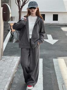 DAZY Teen Girls Thermal Lined Casual Loose Fit Solid Color Jacket Set, Autumn Hoodie - Grey - View 3