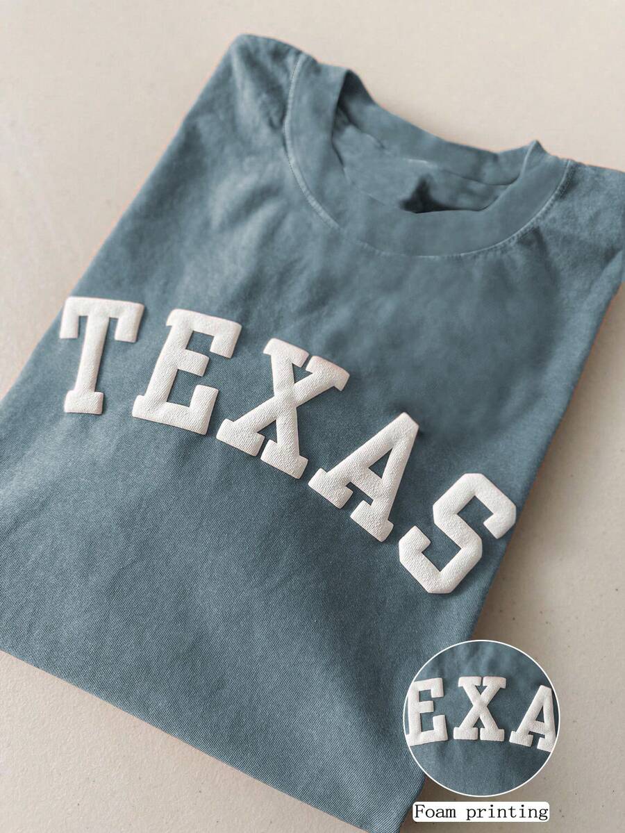 SHEIN TEXAS 图案印花舒适彩色圆领短袖 T 恤，男女通用 - 霧霾藍 - 查看 1