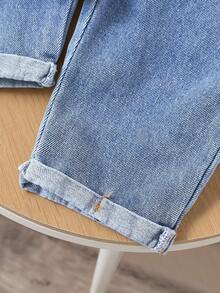 SHEIN Vintaside Kids 嬰兒時尚牛仔吊帶褲與長袖T恤套裝 寶寶復古吊帶褲 男童女童牛仔褲 藍色男童套裝 - 灰色 - 查看 6