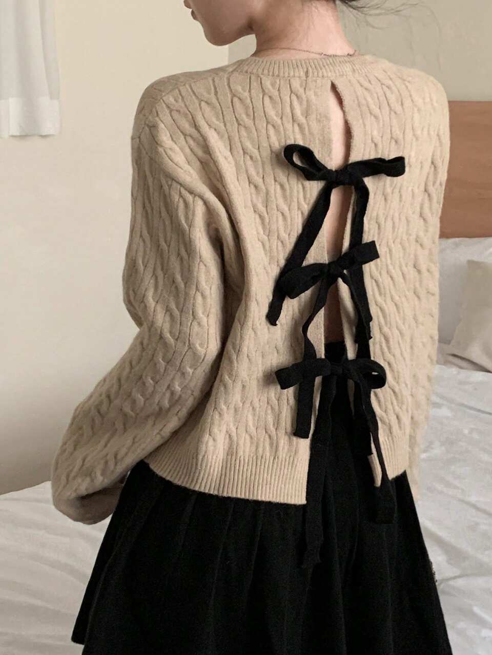 Loose Bowknot Hollow Back Textured Sweater For Women, Autumn/Winter Long Sleeve Tops