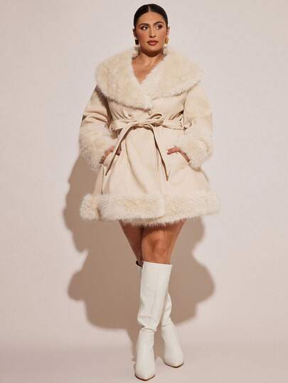 SHEIN BAE Plus Size Women Fur Collar Long Sleeve Belted Pocket Design Jacket, Autumn/Winter