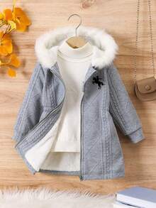 女童灰色连帽仿毛领长袖休闲保暖拉链冬装外套 - 灰色 - 查看 1