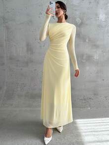 Firerie فستان ماكسي أنيق للنساء بأكمام طويلة وياقة مستديرة وخصر منتفخ، لون أصفر فاتح، مناسب للمناسبات الرسمية والعمل والعطلات والحفلات والأسلوب الكلاسيكي