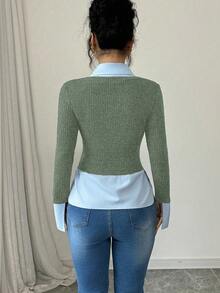 Elenzga French Stylish 2 In 1 Collared T-Shirt With Contrast Panel, New Design Niche For Spring & Autumn Graphic Tees Women Tops - Army Green - View 2