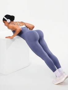 Seamluxe SHEIN Sport 女式纯色交叉后背无缝连体裤 - 灰色 - 查看 2