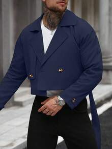 Manfinity Homme 男士前扣长袖口袋简约休闲风衣，外穿法兰绒短款风衣，适合送给朋友、老公、男朋友的礼物 - 藏蓝色 - 查看 6