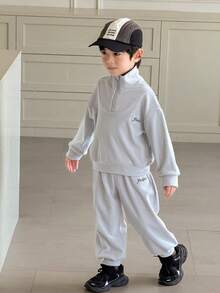 SHEIN 男童休闲立领半拉链长袖卫衣和保暖运动裤套装，秋冬款 - 灰色 - 查看 4