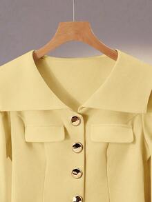 Franclia 女士优雅浪漫通勤披肩领仿口袋装饰门襟金属纽扣 A 字中长裙长袖两件套，秋冬 - 淡黃色 - 查看 5
