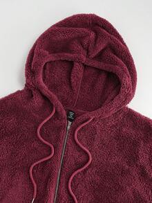 SHEIN LUNE Giacca con cappuccio casual con chiusura lampo, in colore unito, manica a goccia e maniche lunghe in pile, adatta per taglie forti, autunno/inverno. Felpe con cappuccio da donna taglie forti, felpa con cappuccio rossa con chiusura lampo, giacche con cappuccio casual per donne - Bordò - Visualizzare 3